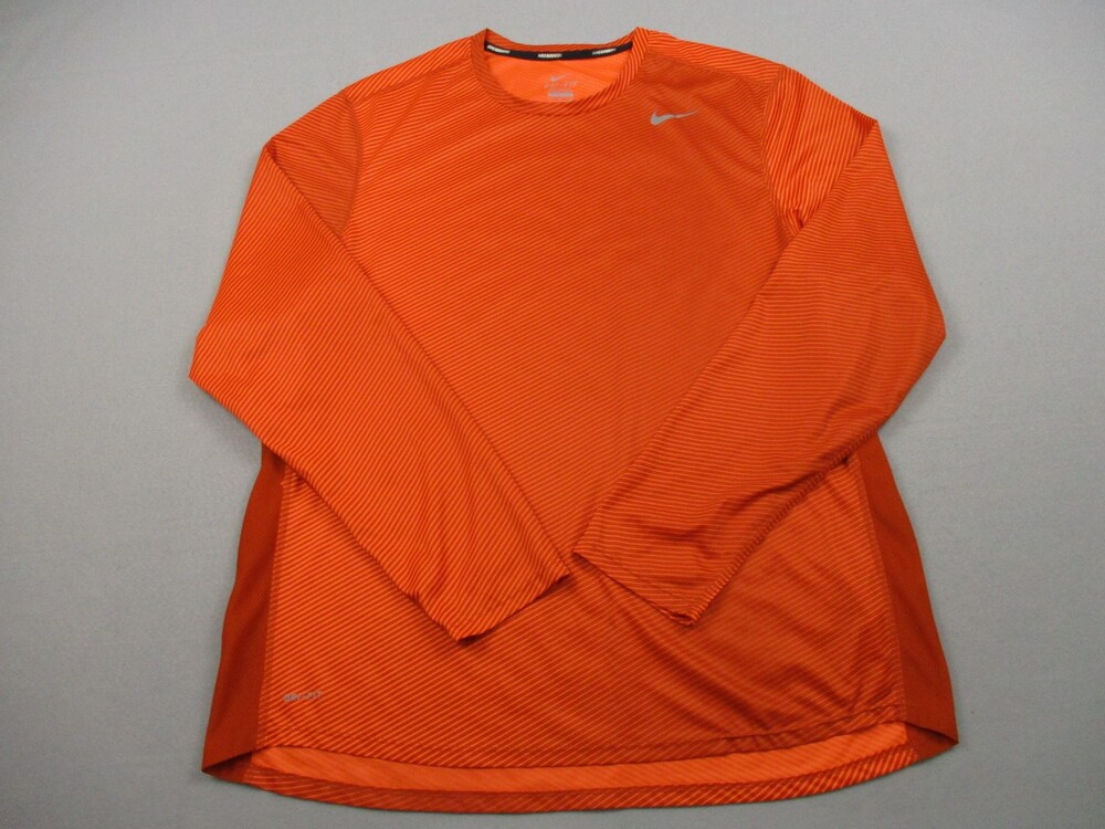 Nike Shirt Men Extra Large Orange Striped Lightweight Dri Fit Crew Running XL